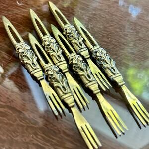 Set of 6 Vintage Brass Cocktail Forks with Ornate Handles – 3.75”